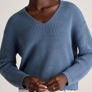 Quince Fisherman V-Neck Sweater Organic Cotton Blue Wide Ribbed Weave Knit M